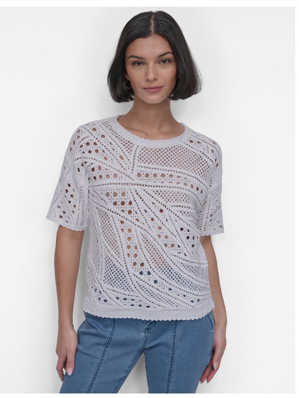 DKNY White Open-Knit Short Sleeve Sweater